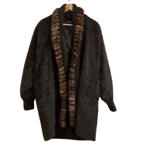 Venesha Vintage Angora Wool Blend Mink Fur Trim Cardigan Coat Brown Women Medium
